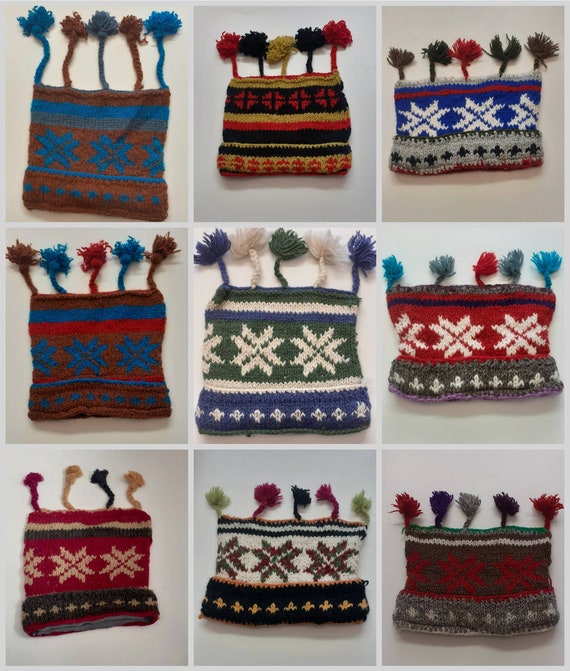 Handmade Knit Jester Hat 100% wool Boho Beanie Multi Tassel Warm Fleece Lined Hippie Winter Cap P2-P11