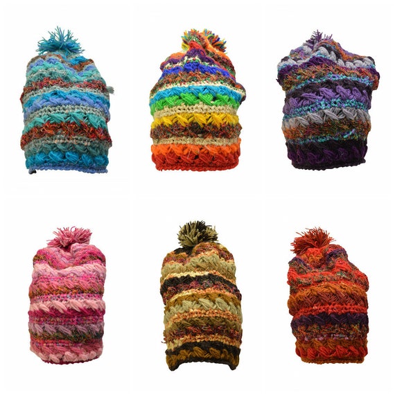 Handmade knit Wool Slouchy Crochet Beanie Pompom Hat Warm Winter Fleece lined Skull Cap