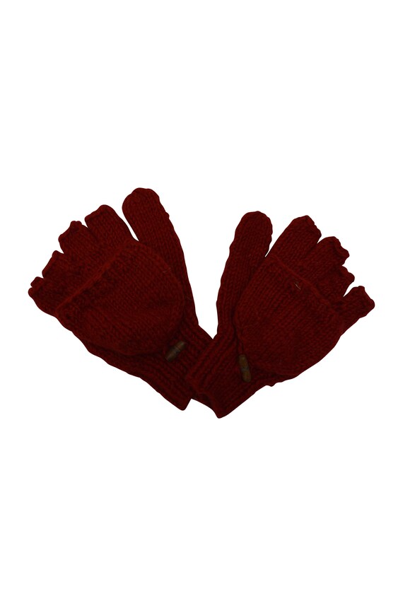 100% Wool Winter Knit boho Fingerless Mittens Fold back Covers Fleece Line Warm Cosy Gloves Red