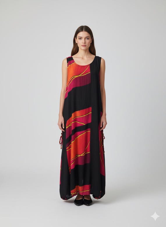 100 rayon maxi dress Plus Size Rayon Maxi Dress: Abstract Print Bubble Pocket Summer Dress