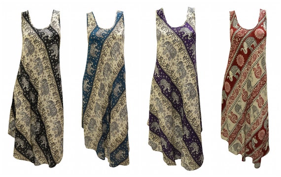 Womens Swing Dress Elephant Print High- Low Umbrella Pocket Shift Free Size Up to 18