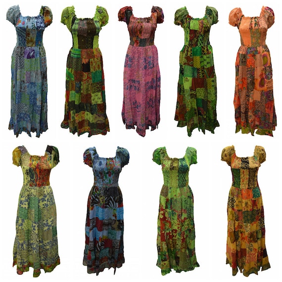 100% Cotton Gypsy Dress Boho Vintage Style Patchwork Elasticated Short Sleeve Maxi Free size up to 16 P17-P25