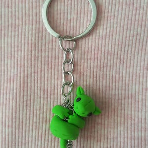 May include: A green dragon keychain with a silver keyring and chain. The dragon is made of a smooth, bright green material with black eyes and a curled tail. The keychain is on a pink striped background.