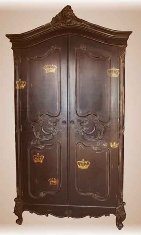French Armoire Gold Leaf Crowns Black White Harlequin Etsy