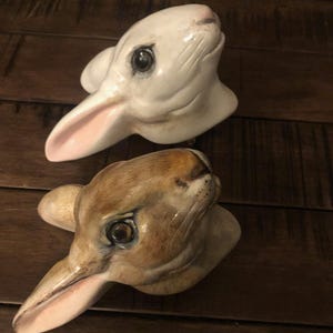 May include: Two ceramic rabbit head sculptures. One is white with pink inner ears, the other is brown with darker shading. Both have detailed facial features and dark eyes. The sculptures are set against a dark wood background.