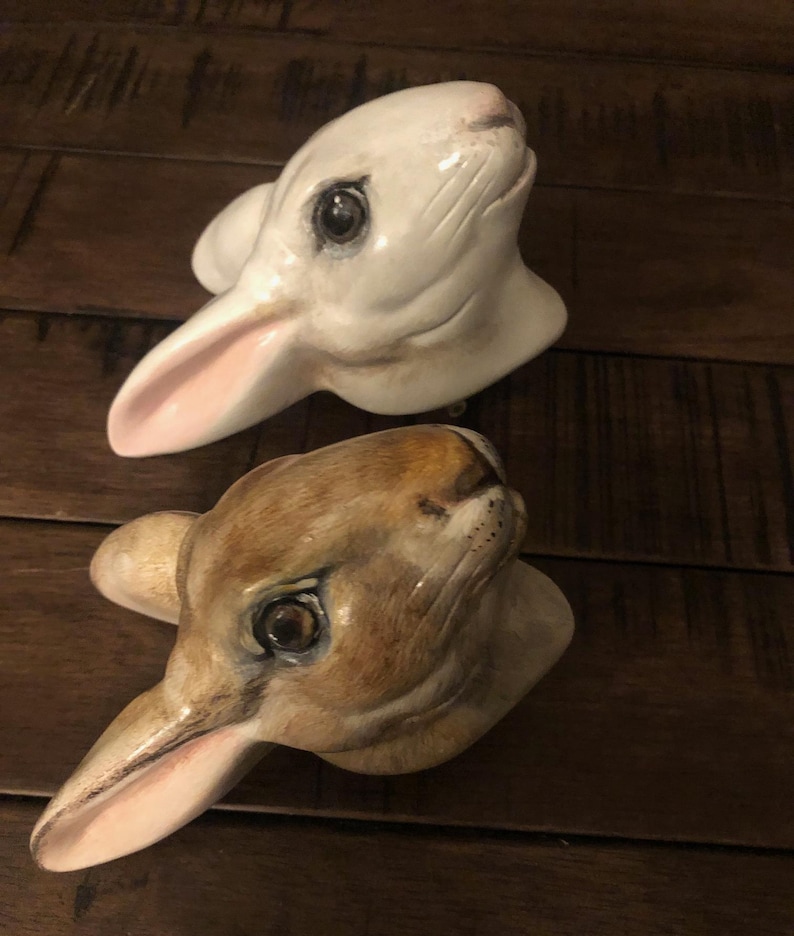 May include: Two ceramic rabbit head sculptures. One is white with pink inner ears, the other is brown with darker shading. Both have detailed facial features and dark eyes. The sculptures are set against a dark wood background.