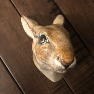 May include: A ceramic rabbit head sculpture with brown and white fur, painted details, and black eyes.