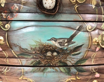 Hand Painted Mockingbird Chest, French Style, Bird Nest Handles