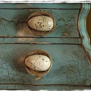 May include: A distressed teal blue dresser with two drawers. The drawer pulls are made of bird nests with speckled white eggs.