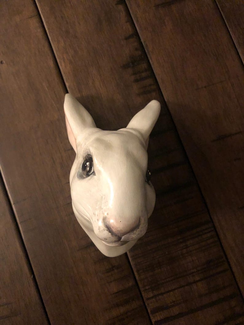 May include: A white ceramic rabbit head with detailed facial features, including dark eyes and a pink nose. The rabbit's ears are upright, and the sculpture is set against a dark wood background.