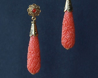 regency coral earrings, regency reproduction earrings, historical replica, jane austen earrings, CARVED CORAL, gold plated posts