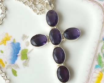 regency replica necklace, purple cross pendant, georgian re-enactment, jane austen, AMABELLA, silver plated chain