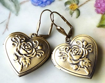 Medaillon Ohrringe Rosen, Medaillon Ohrringe floral, Medaillon Ohrringe Bronze, viktorianische Medaillon Ohrringe, BRONZE LOCKETS, bronze Brisuren