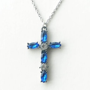 regency cross pendant, royal blue glass, stainless steel chain