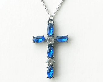 regency cross pendant, royal blue glass, stainless steel chain
