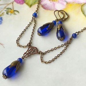 festoon necklace set, victorian festoon necklace and earrings set, art nouveau festoon, swag necklace, GERDA, bronze chain and lever backs