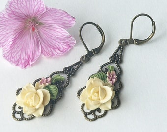 victorian earrings, edwardian earrings, floral earrings, flower earrings, vintage earrings, cottagecore, NORA, bronze lever backs