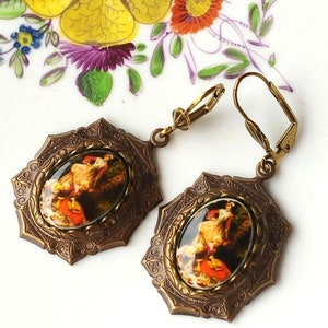 tudor earrings, renaissance, cameo, PARNELL, brass lever backs