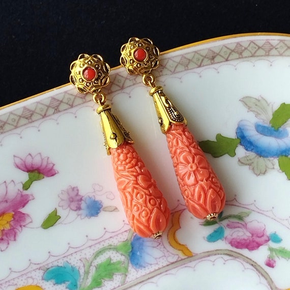 Regency Coral Earrings Regency Reproduction Earrings Historical Replica Jane Austen Earrings CARVED CORAL Gold Plated Posts Etsy Canada