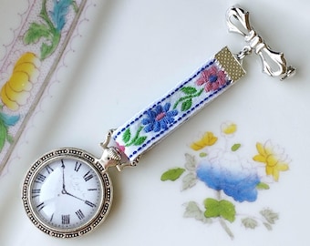 regency fausse montre brooch, fake watch, floral ribbon, silver plated bow
