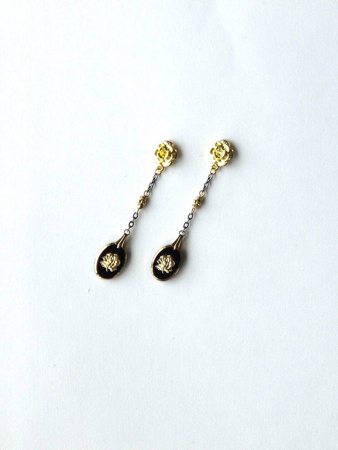 Black Rose Earrings, Victorian Rose Earrings, Rose Chain Earrings, Gold ...