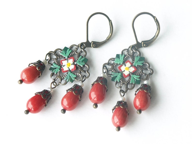 tudor rose earrings, tudor costume, tudor re-enactment, tudor girandole earrings, tudor coral earrings, SUDELEY, bronze lever backs image 2