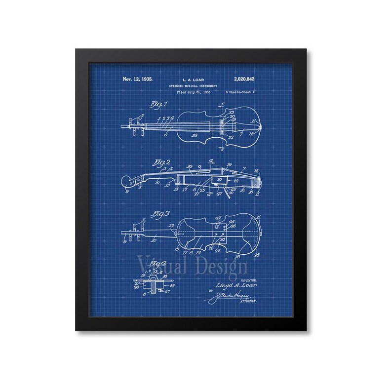 May include: A blueprint of a patent for a stringed musical instrument, showing three different views of the instrument. The patent number is 2,020,842 and was filed on July 31, 1935. The inventor is Lloyd A. Lear.