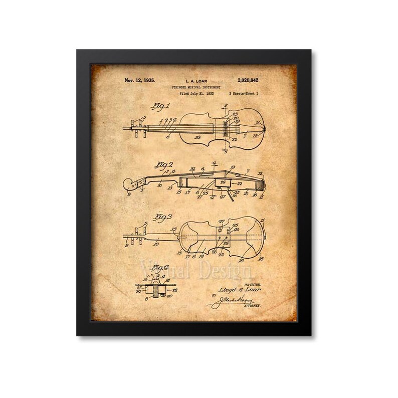 May include: A vintage patent drawing for a stringed musical instrument, showing a violin with a detailed diagram of its internal components. The patent is titled "Stringed Musical Instrument" and was filed on July 31, 1933, by Lloyd A. Loar. The patent number is 2,020,842.