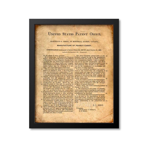 Peanut Butter Patent Print from 1884 - Peanut Butter Wall Art Print Poster - Peanut Candy - Peanut Butter Art - Restaurant Art - Kitchen Art