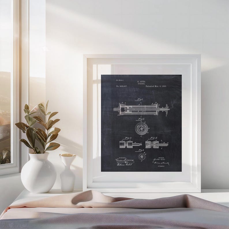 Op de afbeelding: Een zwart-witte vintage patenttekening van een mechanisch apparaat. De tekening heeft de titel "Otto Engine" en het patentnummer is "U.S. 428,417". Het patent werd verleend op 2 mei 1890.