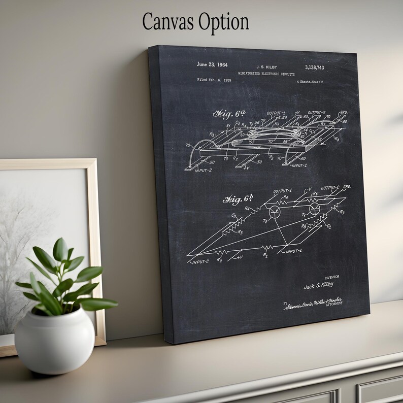 May include: A black canvas print featuring a detailed white schematic diagram of an electronic circuit. The text "Canvas Option" is at the top. The diagram includes dates, figures, and the inventor's name, Jack S. Kilby. A framed picture and a potted plant are in the background.