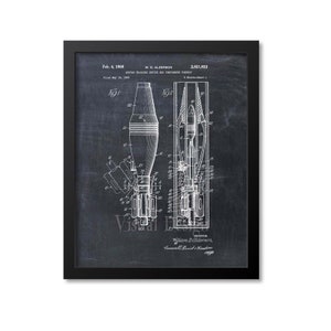 May include: Framed patent print of a mortar training device and components. The black and white technical drawing shows detailed diagrams of the device, with labels and annotations. The frame is black, and the print has a chalkboard-like background.
