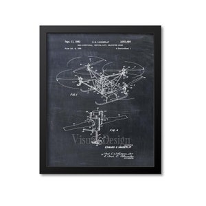 May include: A black and white blueprint style illustration of a helicopter drone patent. The patent is titled "One-Directional Vertical-Lift Helicopter Drone" and was filed on 6th October 1960, by Edward G. Vanderlip. The patent number is 3,053,480.