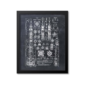 May include: A black and white blueprint style illustration of a rocket ship. The illustration is framed in a black frame. The illustration includes detailed diagrams of the rocket's components and technical specifications in Russian.