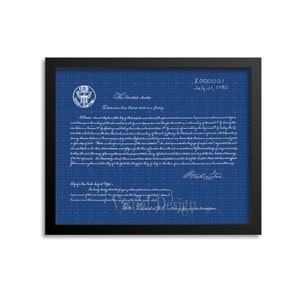 May include: A blue blueprint style print of the United States Constitution document with the text "The United States" and "July 31, 1790" at the top. The document is framed in black.
