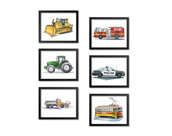 Transportation Vehicles Art Print Set of 6 Watercolor Prints, Construction Trucks Cars & Trains, Boys Room Wall Art, Nursery Decor Kids Room