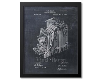 Op de afbeelding: Een zwart-witte illustratie van een patent voor een fotocamera, getiteld "T.H. Blair Photographic Camera" en gepatenteerd op 10 mei 1887. Het patentnummer is 362,599.