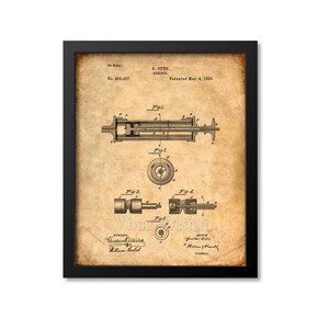Op de afbeelding: Een vintage patenttekening voor een spuit, getiteld "O. Otto Syringe", met patentnummer 422,437 en de datum 4 maart 1890. De tekening toont een gedetailleerde illustratie van het ontwerp van de spuit.