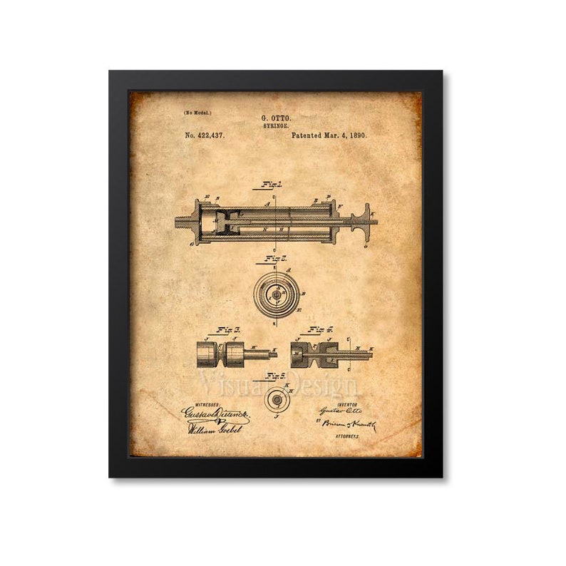 Op de afbeelding: Een vintage patenttekening voor een spuit, getiteld "O. Otto Syringe", met patentnummer 422,437 en de datum 4 maart 1890. De tekening toont een gedetailleerde illustratie van het ontwerp van de spuit.