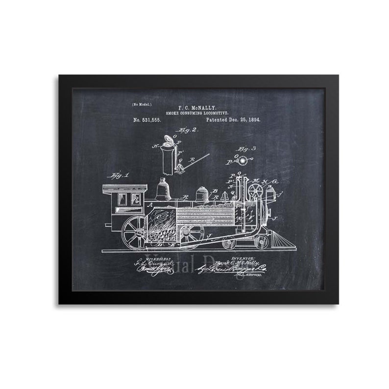 May include: A black and white illustration of a vintage steam locomotive patent drawing. The drawing shows the side view of the locomotive with details of the smoke consuming system. The patent number is 531,555 and the patent date is 25 December 1894. The inventor's name is F.C. McNally.