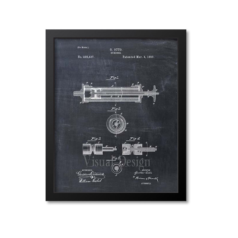 Op de afbeelding: Een zwart-witte vintage patenttekening van een spuit, met de titel "O. Otto Syringe" en het patentnummer "No. 422,437". Het patent werd verleend op 4 maart 1890.