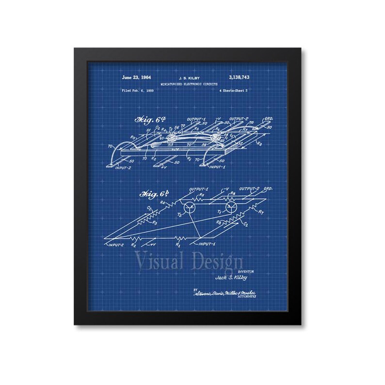 May include: Framed blueprint of a miniaturized electronic circuit diagram. The print, in white on a blue grid, includes technical drawings, labels, and the text "Visual Design." The frame is black.