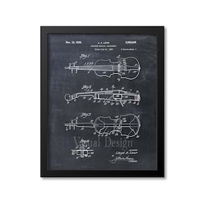 May include: A black and white vintage patent drawing of a violin on a chalkboard background. The patent number is 2,020,842 and the inventor is Lloyd A. Loar. The patent was filed on July 31, 1935.