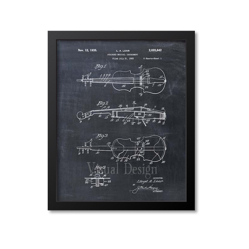 May include: A black and white vintage patent drawing of a violin on a chalkboard background. The patent number is 2,020,842 and the inventor is Lloyd A. Loar. The patent was filed on July 31, 1935.