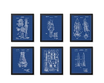 Rocket Blueprint, Set of 6, Space Patent Posters, NASA Art Gift, NASA Patent Poster, Space Shuttle, Space Shuttle Art, Space Suit, Soviet