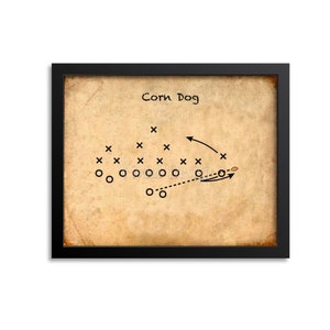 Jugada de fútbol con salchichas en forma de corn dog - Arte de fútbol - Kansas City Chiefs - Póster de fútbol - Arte deportivo - Impresión de arte de pared con jugada de fútbol Vintage