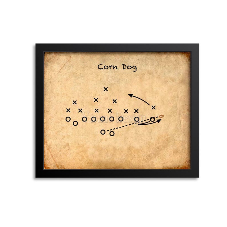 Jugada de fútbol con salchichas en forma de corn dog - Arte de fútbol - Kansas City Chiefs - Póster de fútbol - Arte deportivo - Impresión de arte de pared con jugada de fútbol Vintage