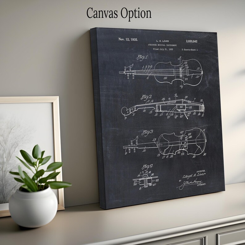 May include: Black and white vintage patent drawing of a stringed musical instrument, a violin, with the text "Nov. 12, 1935", "L.A. Loar", "Stringed Musical Instrument", "Filed July 21, 1935", "2,020,842", "1 Sheet-Sheet 1", "Fig. 1", "Fig. 2", "Fig. 3", "Fig. 4", "Inventor: Lloyd A. Loar", "Attorney: John A. Henry".