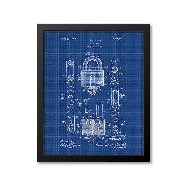 Lock Patent Print Lock Art Print Locksmith Blueprint