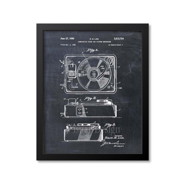 May include: Black and white vintage patent drawing of a combination sound and picture mechanism. The drawing shows three different views of the mechanism, including a top view, a side view, and a bottom view. The patent number 2,512,724 is printed at the top of the drawing. The patent was filed on November 1, 1949 and issued on June 27, 1950. The inventor is listed as Ralph M. Like.